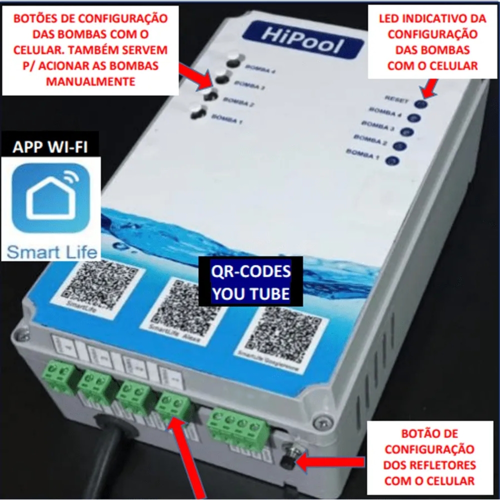 HIPOOL CAIXA SMART PLUS 10A WI-FI ALEXA LEDS SAIDA 4 BOMBAS